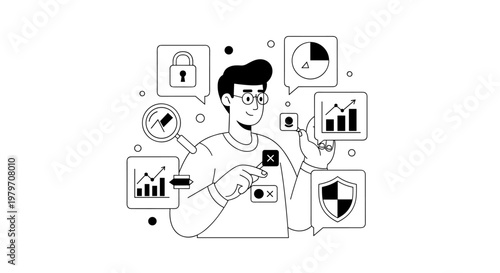Person interacting with data analytics, security, and user management icons, representing digital strategy, business intelligence, and cybersecurity solutions with clean lines and