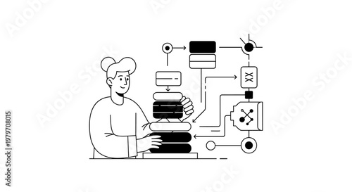 Person interacting with stacked data blocks and flow chart elements, suggesting system management, data processing, or workflow optimization with clean minimalist lines and stark