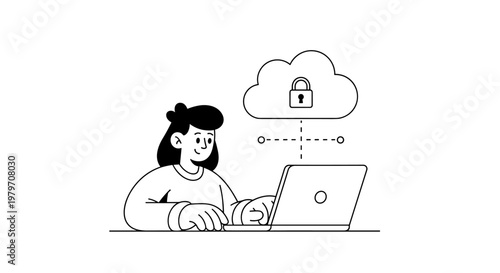 Person typing on laptop connected to secure cloud storage with lock icon, representing data protection and digital security services, minimalist line art design.