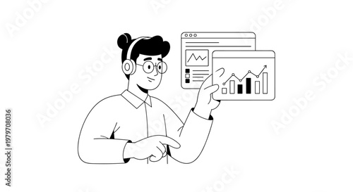 Person wearing headphones and glasses, pointing at a digital screen displaying upward trending bar and line graphs, representing financial growth, data analysis, and business