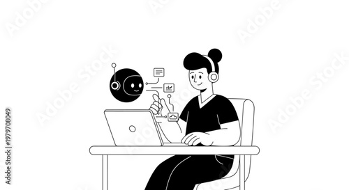 Person wearing headphones interacting with a friendly robot via a laptop, showcasing data charts and cloud storage icons, representing modern technology and communication.