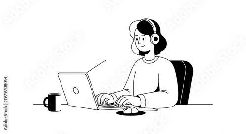 Person wearing headphones typing on a laptop computer with a mouse and coffee mug nearby, rendered in a minimalist black and white line art style, depicting focused work or remote
