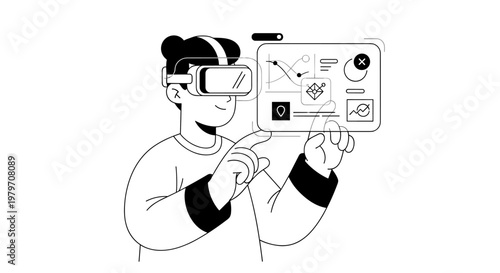 Person wearing virtual reality headset interacting with holographic interface displaying financial charts, data analytics, and location pins, showcasing modern technology and