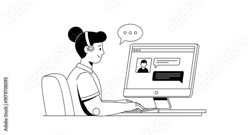 Person with headset typing on keyboard near computer screen displaying chat conversation and speech bubble, representing remote communication and online support services, clean
