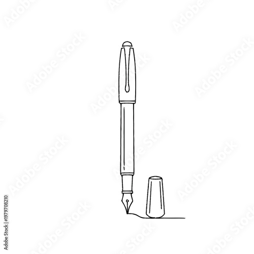 Elegant Fountain Pen Line Art Icon with Cap Off and Drawn Line. Classic Writing Instrument Outline for Education, Business, Creativity, Stationery Design.