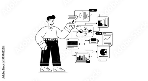 Smiling man in black pants and white shirt pointing with pen at interconnected digital screens displaying charts, graphs, and flow diagrams, representing data analysis and