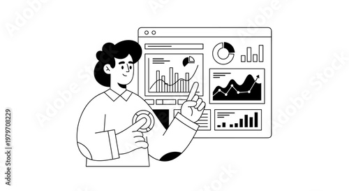 Smiling person interacting with digital dashboard showcasing diverse financial charts, bar graphs, and line diagrams, representing data analysis and business growth insights.