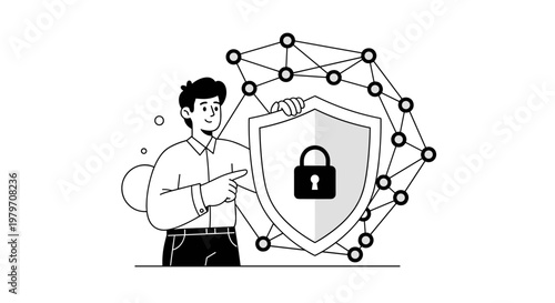 Smiling person points to a secure shield with a lock symbol, surrounded by a connected network of nodes, representing digital safety and data protection in a clean, modern line