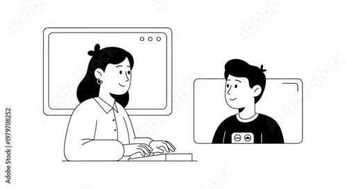 Smiling woman wearing earrings and button-down shirt types on keyboard near computer screen showing three dots while boy in t-shirt with icons smiles from another screen,