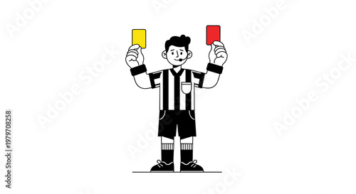 Soccer referee holding up yellow and red cards with a whistle, displaying a clean, modern, minimalist vector graphic with bold black and white stripes, stark black shorts, and