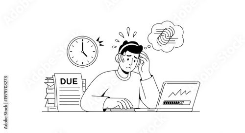 Stressed person wearing headphones, overwhelmed by looming deadline, stack of papers marked 'due', clock ticking, and slow loading laptop screen, representing workload and time