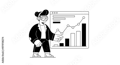 Stylized person wearing vr headset and headphones, pointing at a digital screen displaying a growing bar chart and line graph, signifying data analysis and virtual reality
