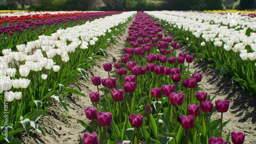 Tulips Blooming in Vibrant Rows at a Colorful Spring Flower Garden
