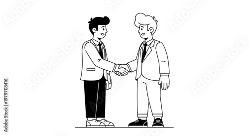 Two smiling businessmen in formal attire, shaking hands with clean lines and simple shapes, representing partnership, agreement, and successful collaboration in a modern,