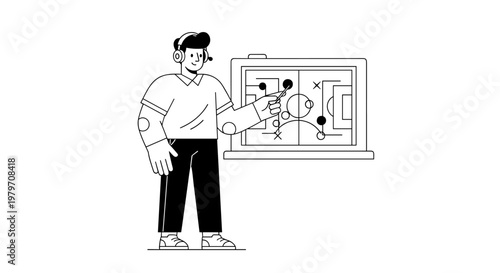 Young male coach wearing headphones with microphone points with stick at tactical board displaying soccer game strategy, featuring clean lines, minimalist shapes, and a