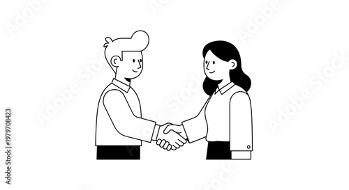 Two smiling business professionals, a man with styled hair and a woman with long dark hair, engage in a firm handshake, representing partnership, agreement, and successful