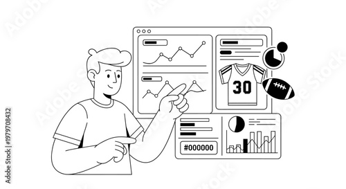 Young man analyzing sports statistics and performance data on a digital dashboard showing graphs, charts, football jersey with number 30, and a rugby ball, representing sports