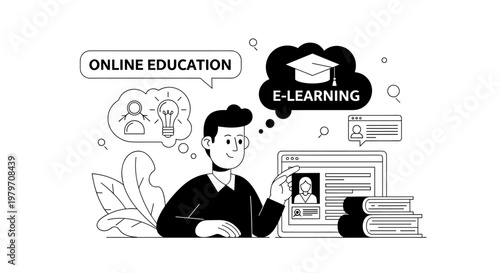 Young man engaged in online education, contemplating e-learning concepts with a graduation cap symbol and lightbulb idea, interacting with a computer screen displaying profiles