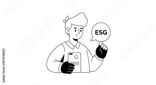Young man holding a smartphone and a speech bubble with esg text, symbolizing modern corporate responsibility and sustainable business practices, presented in a clean, minimalist