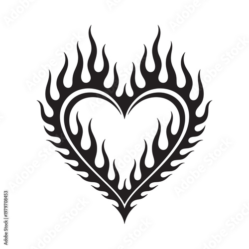 Black flame heart tattoo design on white background