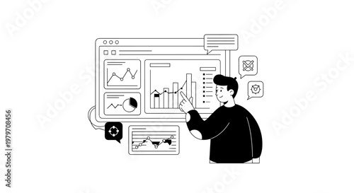Young man interacting with a digital dashboard displaying various financial charts, bar graphs, and line data visualizations, emphasizing analysis and strategic decision-making.