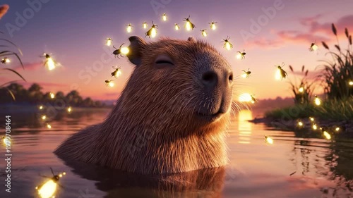 Capybara Relaxing in Warm Sunset Water with Soft Glowing Lights Peaceful Scene