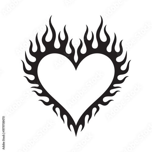 Black heart shape with flames on white background