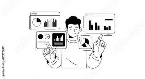 Young man interacting with multiple digital screens displaying various charts and graphs, showcasing data analysis and information technology concepts with clean line art and