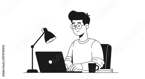 Young man wearing glasses happily typing on laptop computer at desk with desk lamp illuminating workspace, coffee mug and books nearby, clean minimalist black and white vector art
