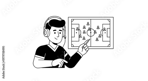 Young man wearing headphones points to a soccer playbook displaying team formations and strategies on a whiteboard, suggesting coaching or tactical analysis.