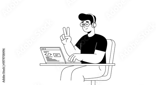 Young man wearing headphones and glasses, sitting at a desk with a laptop displaying code, giving a peace sign with his hand, depicted with clean lines and bold black shapes,