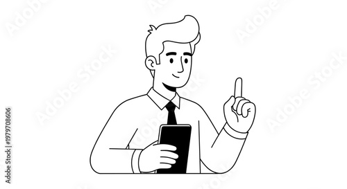 Young professional man holding tablet, pointing finger upwards, wearing business attire, suggesting idea, clean line art, monochrome palette, scalable vector graphic for corporate