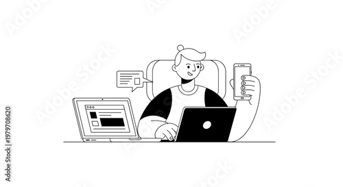 Young person with modern hairstyle using laptop and smartphone for communication, displaying clean lines and simple shapes in a monochrome palette for versatile commercial
