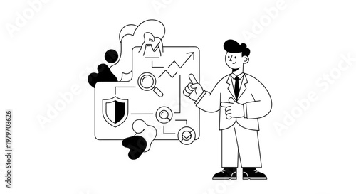 Business professional presenting data analytics, security shield, magnifying glass, and growth chart with upward arrow, demonstrating strategic planning and risk assessment in a