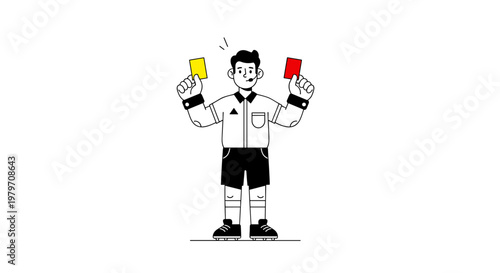 A determined football referee, dressed in a black and white striped uniform with shorts, holds up a yellow card in one hand and a red card in the other, signaling penalties with