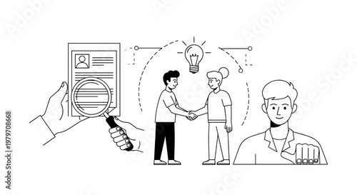 Business professionals collaborate, shaking hands near a glowing lightbulb representing a new idea, while another person inspects a resume with a magnifying glass and points