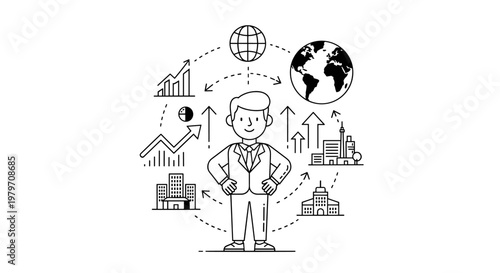 Confident businessman surrounded by global business icons, financial growth charts, cityscapes, and upward arrows, symbolizing expansion and success in a clean, minimalist vector