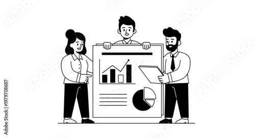 Diverse business professionals enthusiastically collaborate presenting financial data charts and pie graphs on a large poster board, showcasing teamwork and strategic analysis