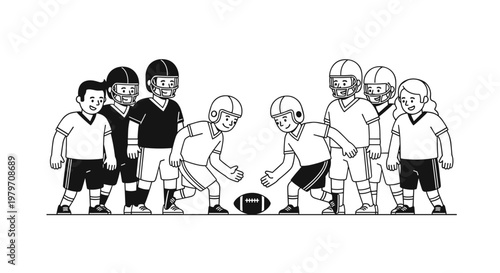 Children's american football teams facing off with a ball between them, featuring a simple line art style with bold black shapes and clean white negative space, conveying a sense
