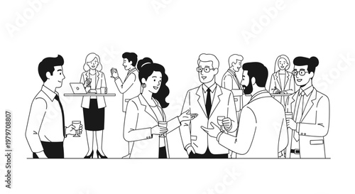 Diverse professionals in business attire engage in conversation and networking at a social gathering, holding drinks and interacting with a laptop, conveying collaboration and