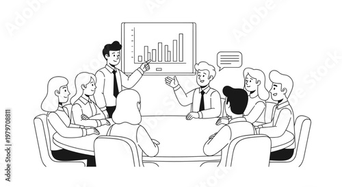 Diverse professionals gather around a conference table, attentively listening to a speaker presenting a growing bar chart on a screen, symbolizing successful teamwork, strategic