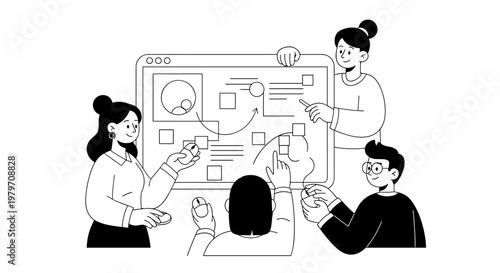 Diverse team collaborates enthusiastically around a digital whiteboard, pointing at strategic plans, using mice, and engaging in productive project discussions, showcasing