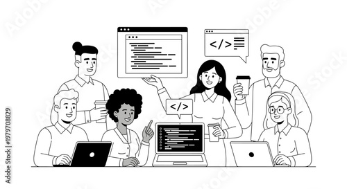 Diverse team collaborates on coding projects, showcasing teamwork, problem-solving, and digital development with laptops, code snippets, and coffee cups in a clean, modern line