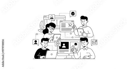 Diverse team collaborates on digital projects, utilizing laptops, tablets, and monitors displaying user profiles, charts, and communication icons, signifying teamwork,