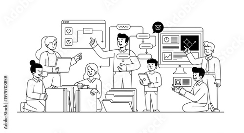 Diverse team collaborates on project, reviewing charts, flowcharts, and documents using laptops and tablets, showcasing teamwork and data analysis in a modern office setting with