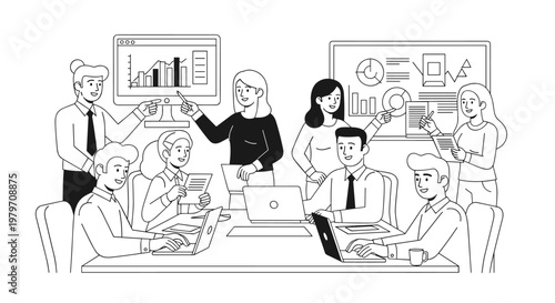 Diverse team collaborating in modern office setting, presenting financial data charts and graphs on computer screens, discussing strategy, using laptops, and reviewing documents,