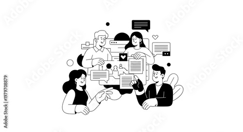 Diverse team collaborating on digital content, sharing ideas through speech bubbles and documents, featuring clean lines, scalable shapes, and a monochrome palette for modern