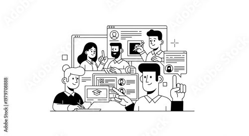 Diverse team collaborating on online learning projects, discussing educational content and digital resources, showcasing teamwork, communication, and knowledge sharing through