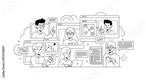 Diverse team collaborating remotely via digital interfaces, showcasing data analysis, project management, and communication tools with clean line art and minimalist composition