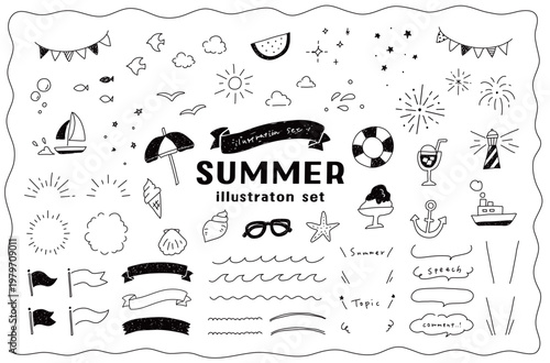 Tableau sur toile 手書きの夏・海のイラストセット　ビーチ　スイカ　花火　フレーム　吹き出し　マリン　波　リボン　ヨット